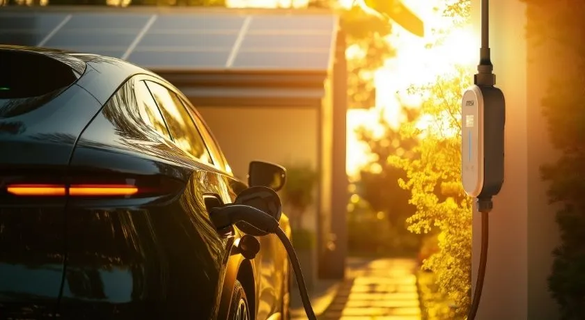 An MSI EZgo plugged in and charging a vehicle during sunset